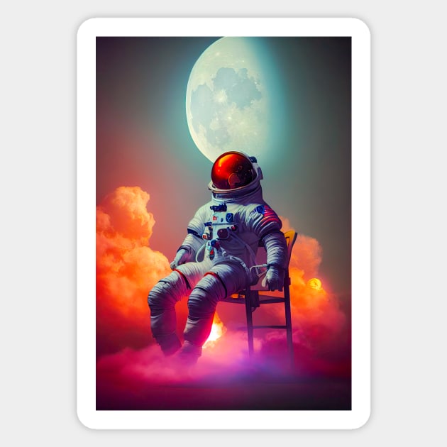 Astronaut sitting on a chair  with red clouds around in space with moon in the background Sticker by MoEsam95